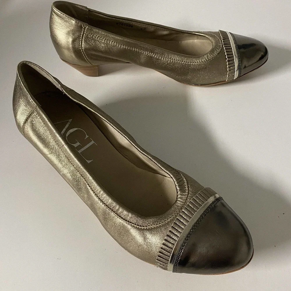 AGL Attilio Giusti Leombruni Pump Ballet Leather Gold Metallic Low Heel …